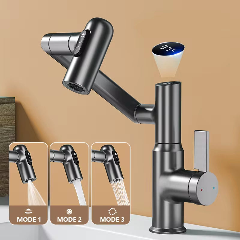 Digital Display LED Basin Faucet with 360° Rotation - Multi-Function Stream Sprayer for Hot and Cold Water in Your Bathroom