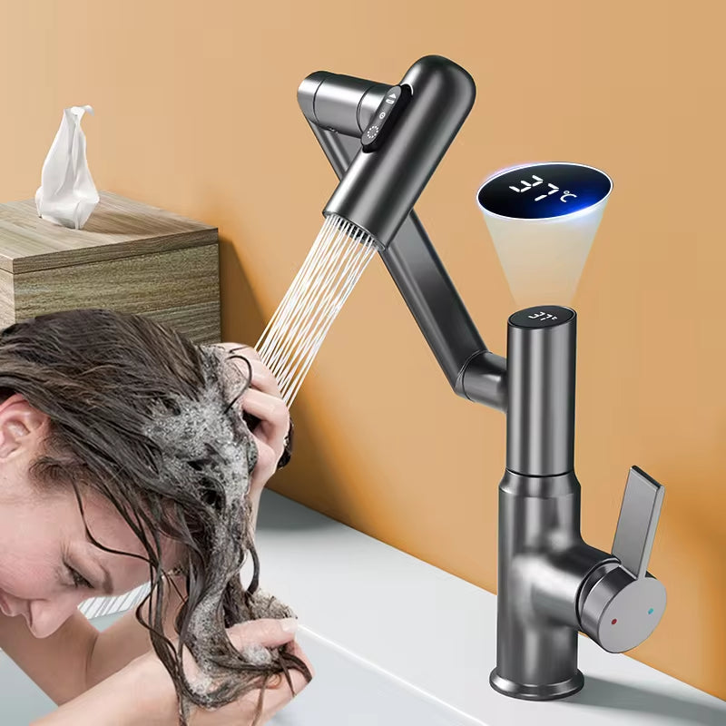 Digital Display LED Basin Faucet with 360° Rotation - Multi-Function Stream Sprayer for Hot and Cold Water in Your Bathroom